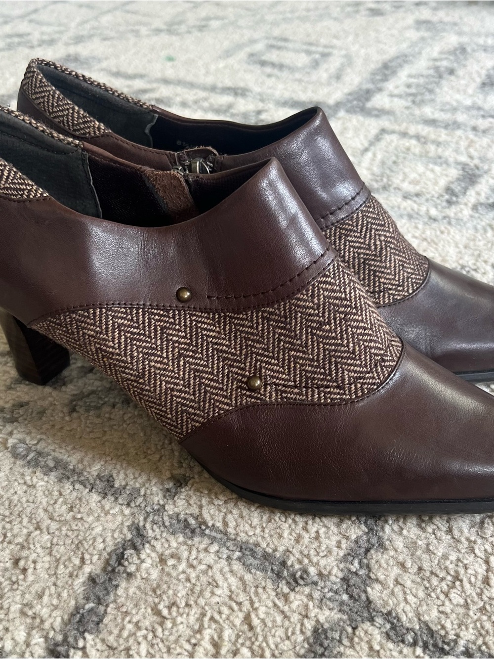 Women's Brown Leather & Herringbone Fabric Heeled Ankle Shoes